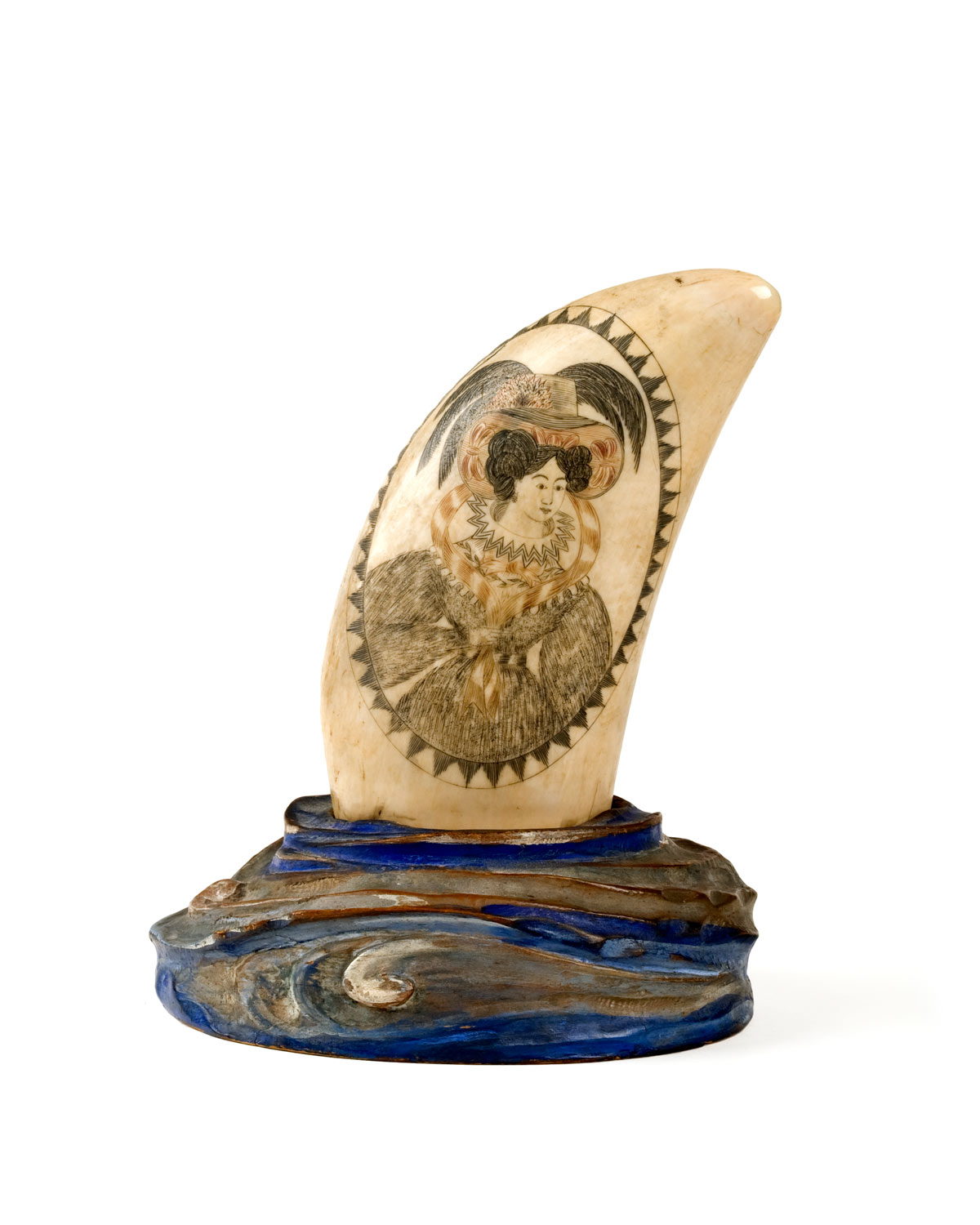 Appraisal: SCRIMSHAW AND POLYCHROME DECORATED TUDOR LADY WHALE'S TOOTH DEPICTING A