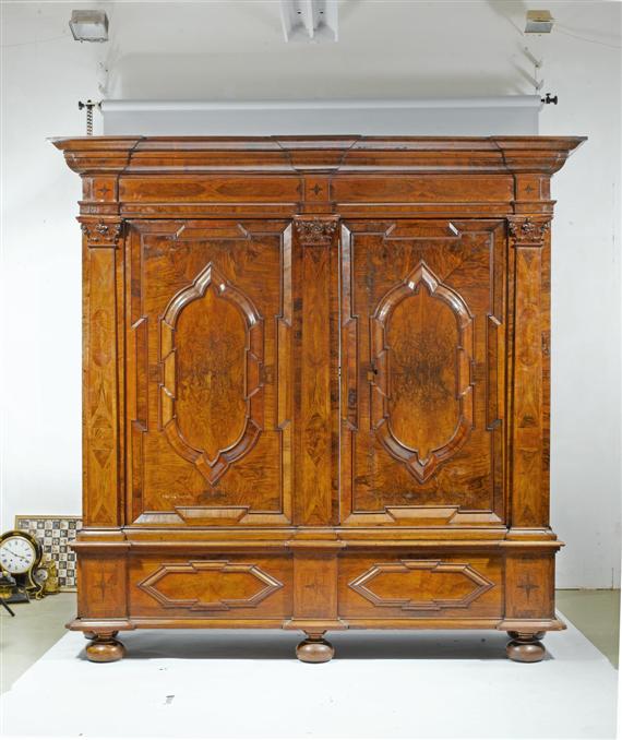 Appraisal: IMPORTANT HALL CUPBOARD Baroque Saxony circa Walnut and burled walnut