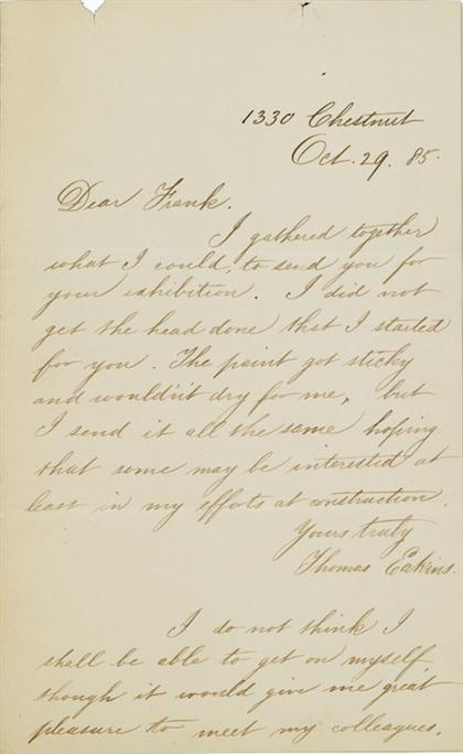 Appraisal: piece Autograph Letter Signed Eakins Thomas Philadelphia Chestnut St Oct