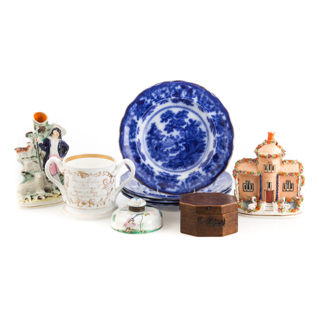 Appraisal: Assorted decorative items including two Staffordshire figures four flow blue