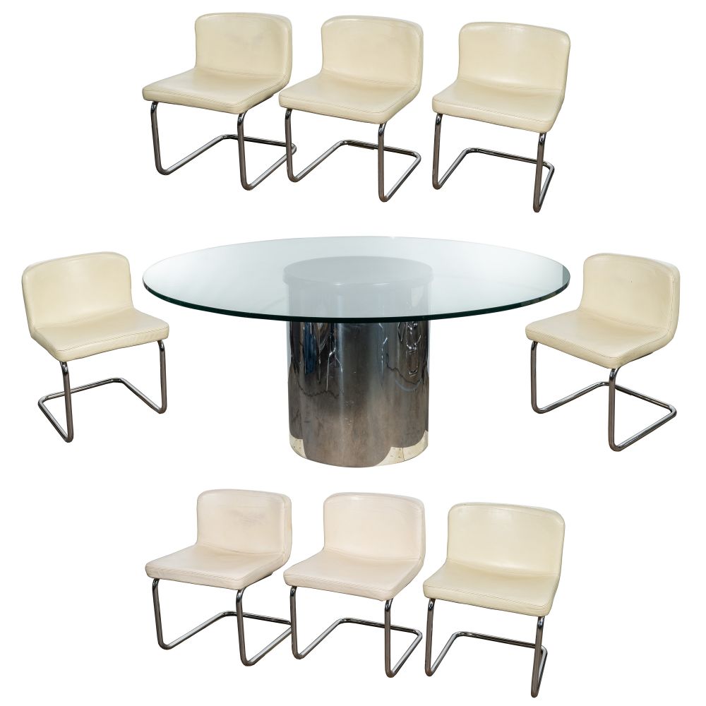 Appraisal: MCM CHROME AND GLASS TABLE AND LEATHER CHAIRSRound chrome pedestal