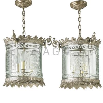 Appraisal: PAIR OF REGENCY STYLE HANGING LIGHTS Silvered gilt metal frame