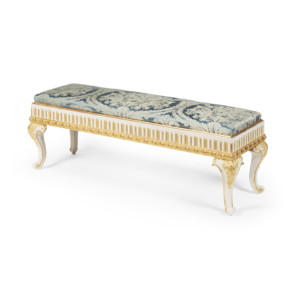 Appraisal: REGENCE STYLE WHITE PAINTED AND GILT BENCH MODERN the long