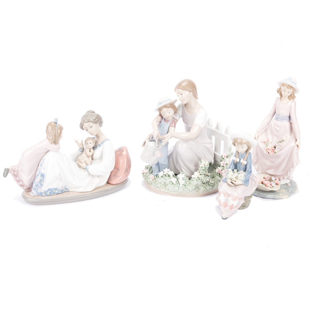 Appraisal: Four Lladro porcelain figures including Lessons in the Garden Latest