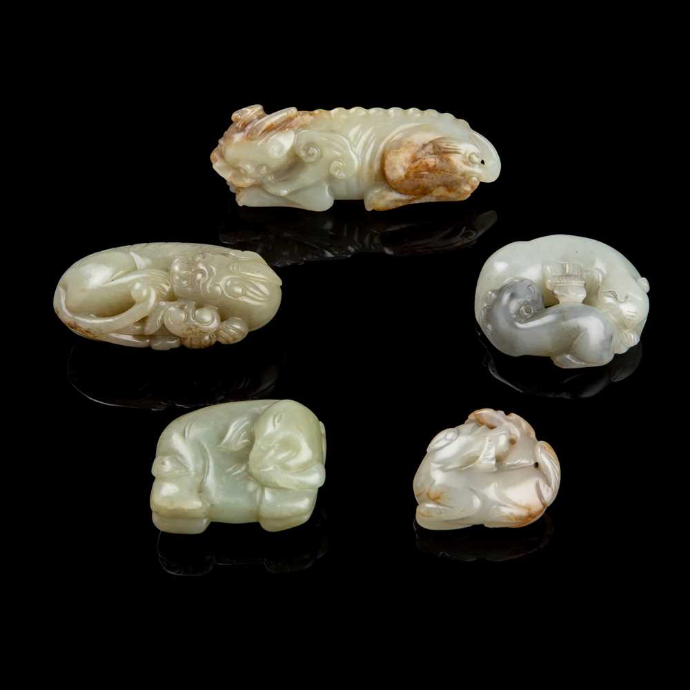 Appraisal: GROUP OF FIVE JADE CARVINGS OF ANIMALS TH- TH CENTURY