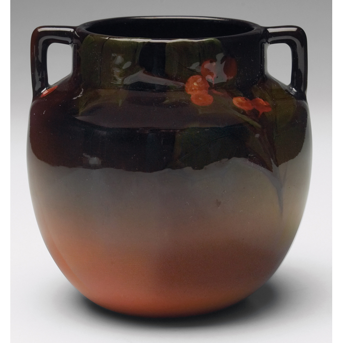 Appraisal: Rookwood vase double handled shape Standard glaze nicely painted leaves