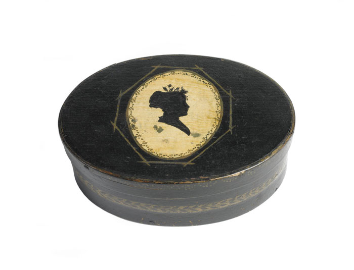 Appraisal: BLACK PAINTED AND DECORATED OVAL BOX WITH SILHOUETTE ON LID