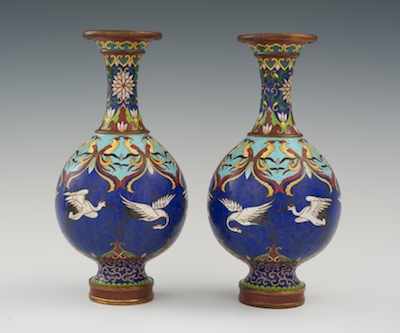 Appraisal: A Pair of Chinese Cloisonne Vases with Cranes Round form