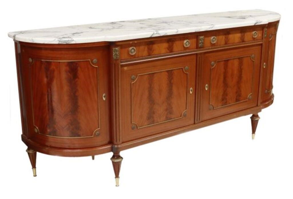 Appraisal: French Louis XVI style marble-top mahogany sideboard th c case