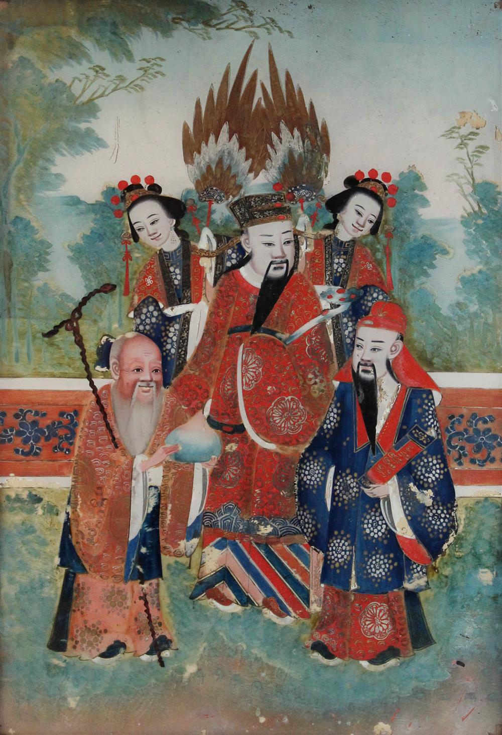 Appraisal: CHINESE REVERSE PAINTING ON GLASS PORTRAIT OF FIGURES AND IMMORTALS