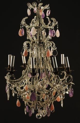 Appraisal: French rock crystal amethyst and rose quartz eight-light chandelier in