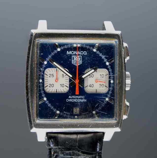 Appraisal: A TAG HEUER MONACO BLUE FACE AUTOMATIC CHRONOGRAPH with square