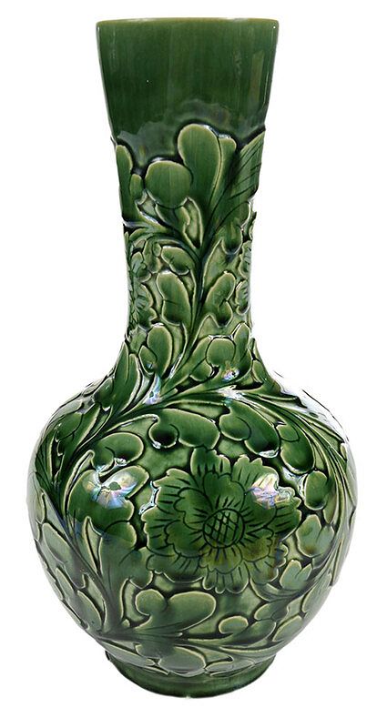 Appraisal: Green Foliate Relief Decorated Vase probably British th century majolica