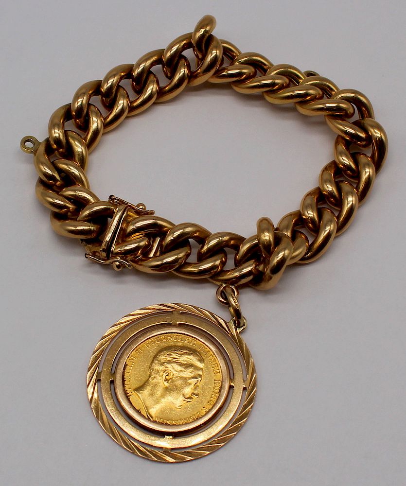 Appraisal: JEWELRY kt Gold Link Bracelet with Coin Charm Italian kt