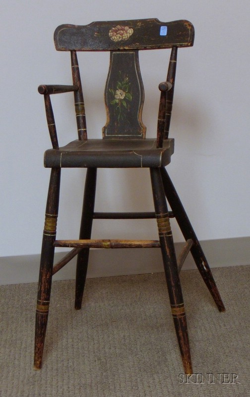 Appraisal: Child's Black-painted and Floral Decorated Wood High Chair