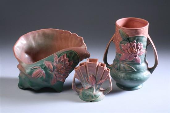 Appraisal: THREE PIECES ROSEVILLE PINK AND GREEN WATER LILY ART POTTERY