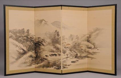 Appraisal: CHINESE PAINTED SILK FOUR-PANEL FOLDING TABLE SCREEN Painted with landscape