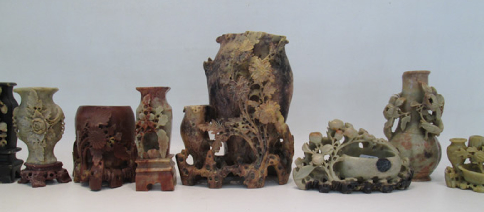 Appraisal: ELEVEN CHINESE CARVED SOAPSTONE VASE SCULPTURES each having foliage motif