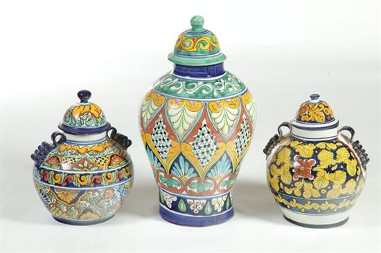 Appraisal: THREE FAIENCE COVERED URNS Talavara Mexico late th century Colorful