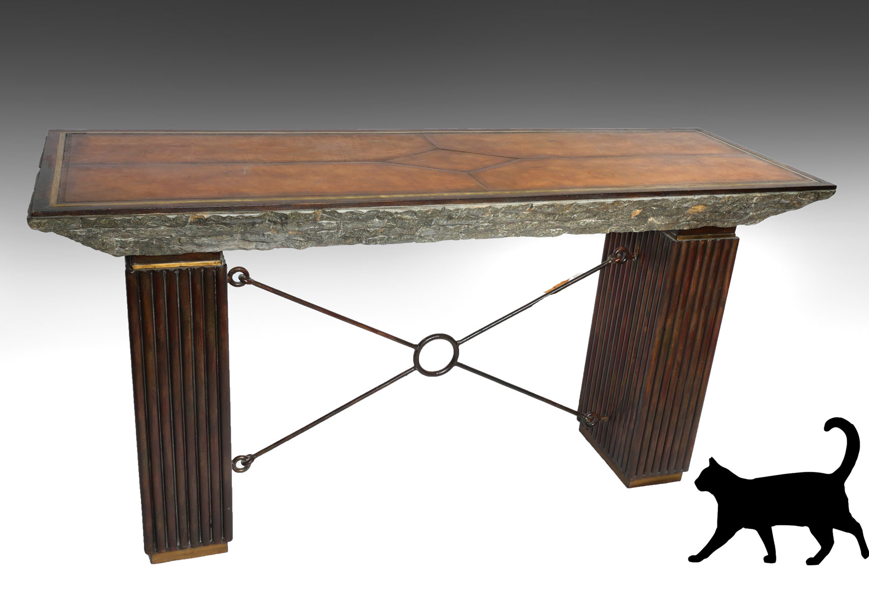 Appraisal: ARCHITECT'S CONSOLE TABLE Tooled leather top with natural stone sides