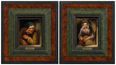 Appraisal: Pair Belgian style genre paintings one with woman at a