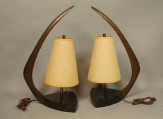 Appraisal: Pr Mid Century Modern Ebonized Wood Table Lamps Angled ebonized