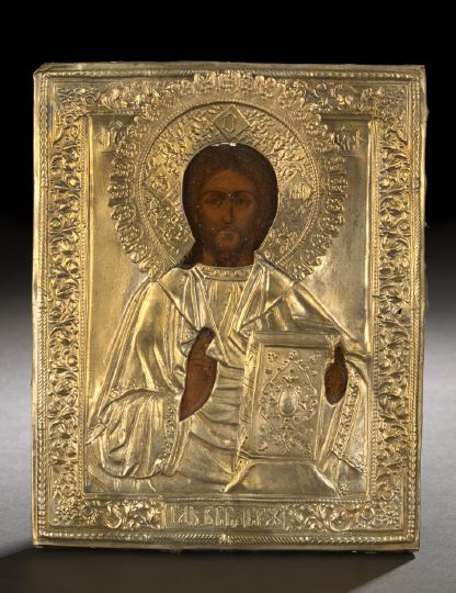 Appraisal: Russian Polychromed Wooden Ikon of Christ Pantocrator second quarter th