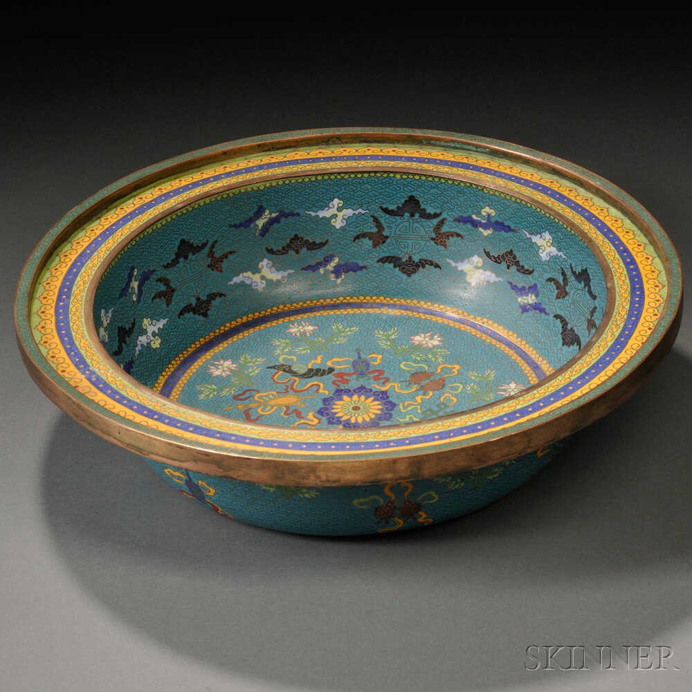 Appraisal: Cloisonne Basin with Buddhist Treasures China th century with straight