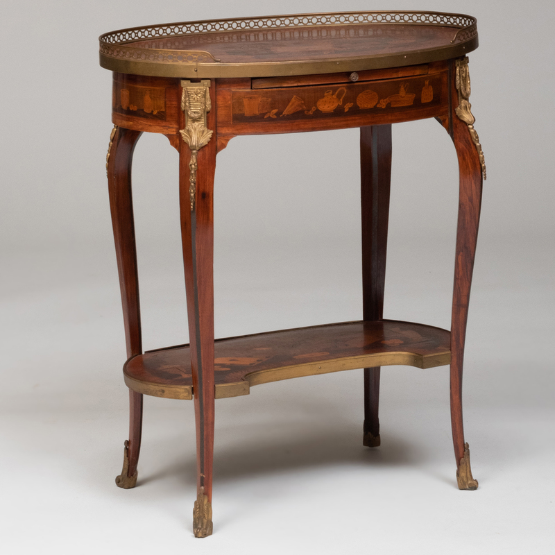 Appraisal: LOUIS XV XVI STYLE ORMOLU-MOUNTED TULIPWOOD FRUITWOOD AND MAHOGANY MARQUETRY