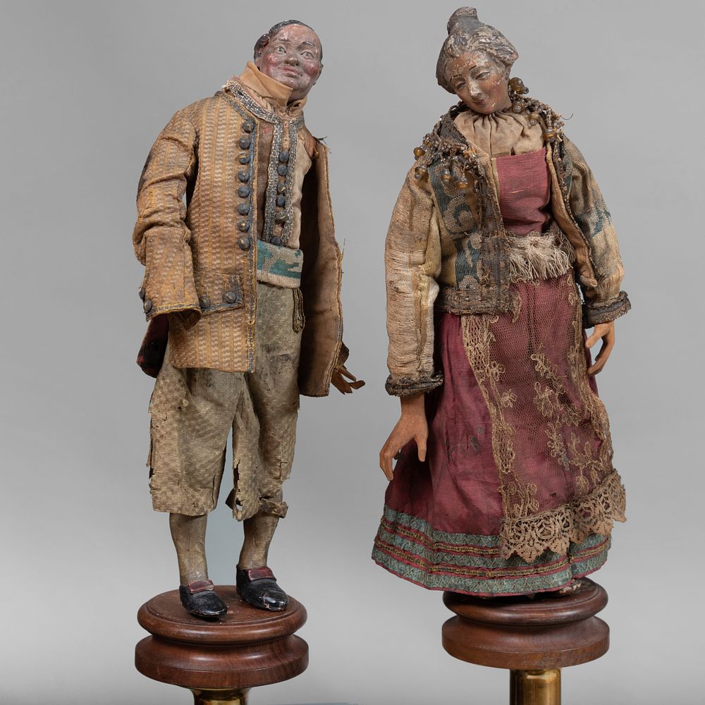 Appraisal: Pair of Italian Painted Wood and Fabric Cr che Figures