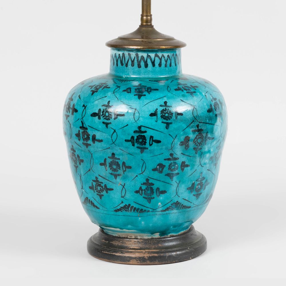 Appraisal: Persian Blue Glazed Pottery Mounted as a Lamp The vase