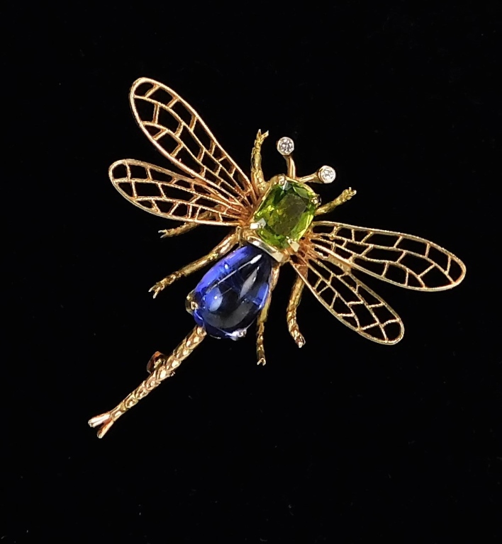 Appraisal: K GOLD DIAMOND PERIDOT AMETHYST DRAGONFLY BROOCH th CenturyDragonfly brooch