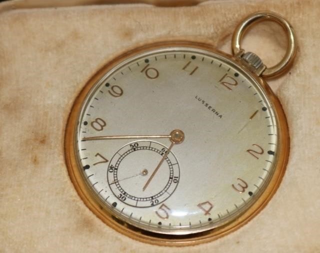 Appraisal: KT GOLD SWISS JEWEL OPEN FACE MAN'S POCKETWATCH BY LUSSERNA