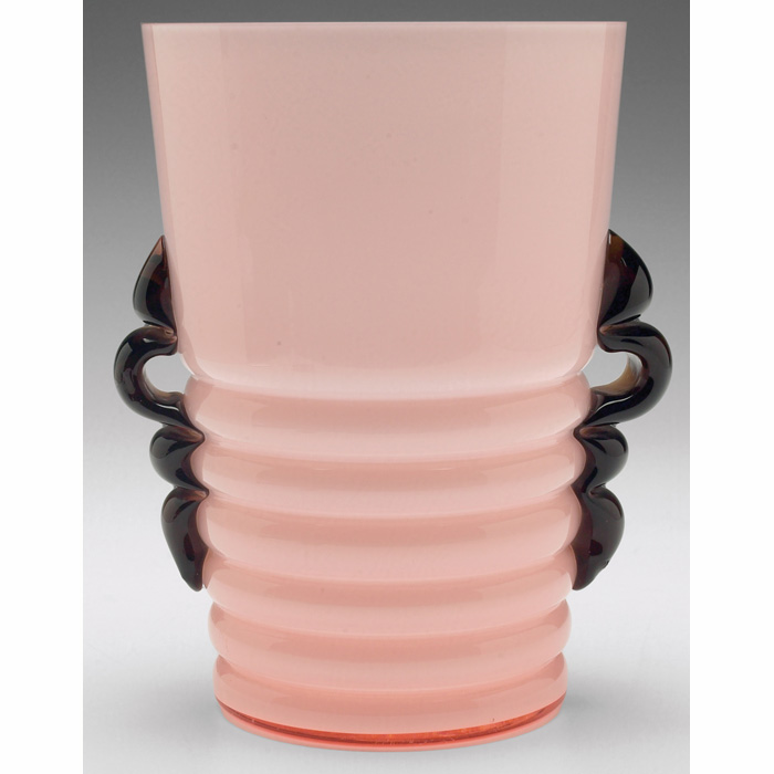 Appraisal: Czech vase cylindrical form with horizontal ribbing in pink glass