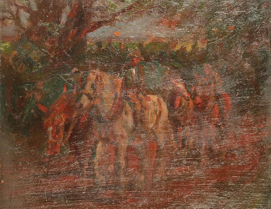 Appraisal: MANNER OF SIR GEORGE CLAUSEN Figures and cart horses on