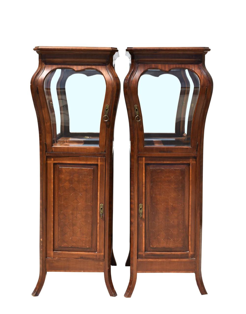 Appraisal: PAIR OF LOUIS XV STYLE MAHOGANY VITRINE CABINETSEach upper portion