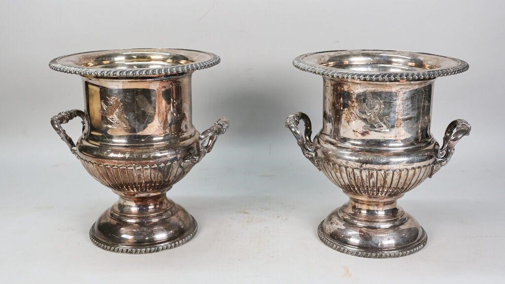 Appraisal: Pair of English silverplate wine coolers Urn form twin handled