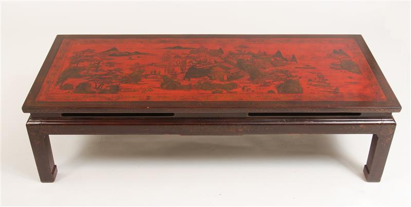 Appraisal: Chinese Low Table with Inset Red Lacquer Panel x x