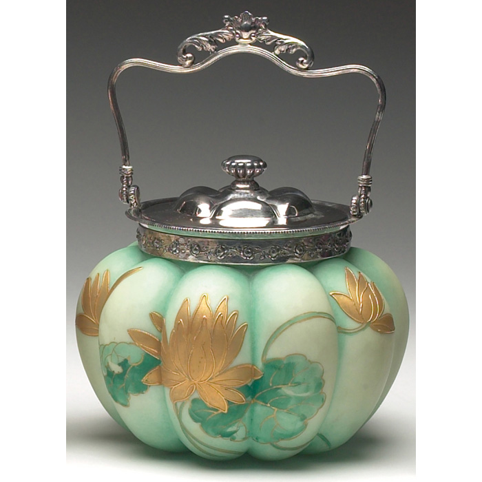 Appraisal: Mt Washington biscuit jar melon form in green satin glass