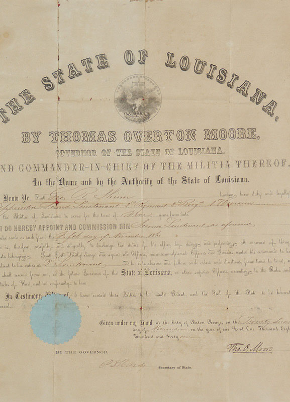 Appraisal: CIVIL WAR CONFEDERATE LOUISIANA MILITIA COMMISSION nd Lieutenant commission to