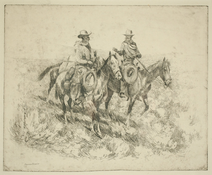 Appraisal: EDWARD BOREIN ETCHING California - Cow Talk depicting two cowboys