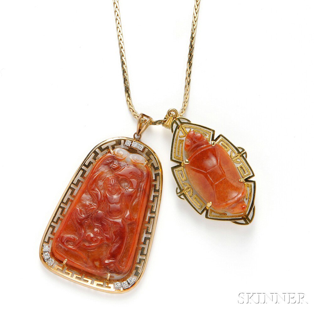 Appraisal: Two kt Gold and Orange Jade Pendants one with a