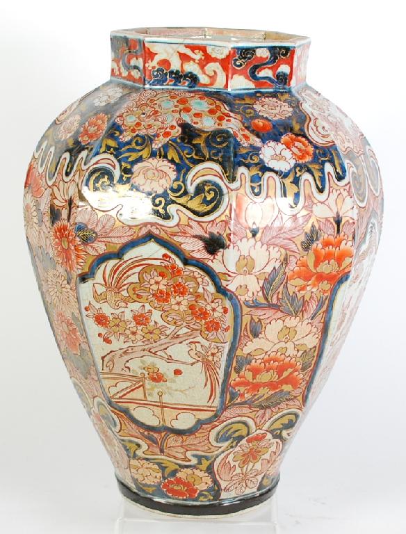 Appraisal: JAPANESE IMARI POTTERY VASE panelled ovoid form with short neck