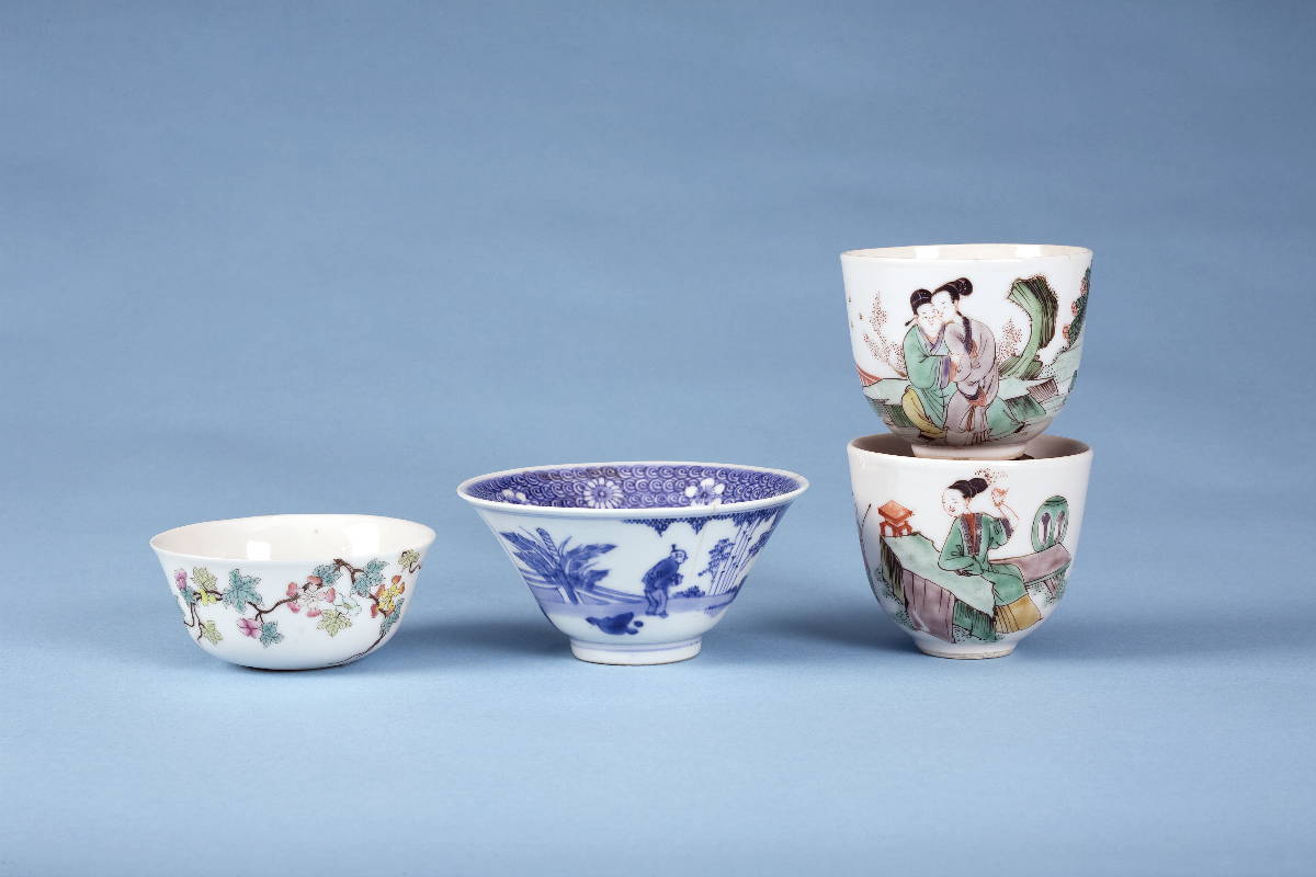 Appraisal: CHINESE BLUE AND WHITE PORCELAIN BOWL AND THREE FAMILLE VERTE