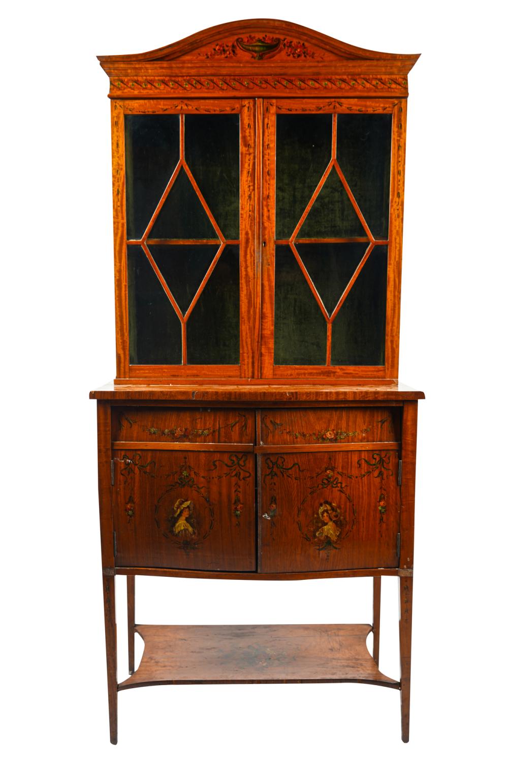 Appraisal: EDWARDIAN PAINTED SATINWOOD SECRETARY BOOKCASEearly th Century constructed in two