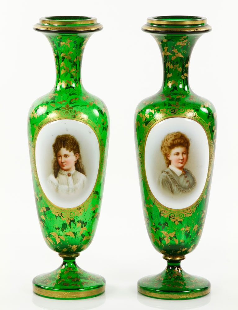 Appraisal: - Pr Mid-Late th C Bohemian Green Glass Vases Pair