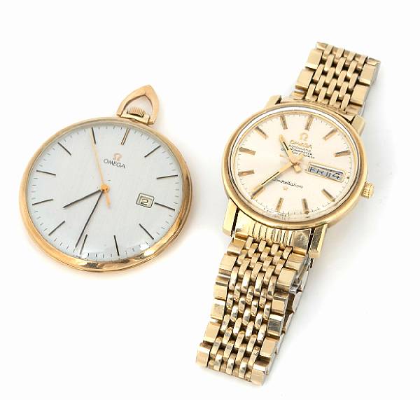 Appraisal: Omega A gold plated day-date bracelet watch and a gold