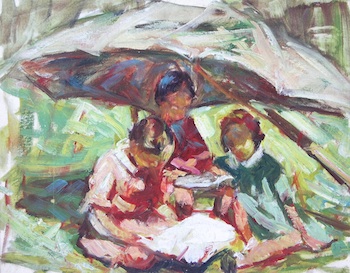 Appraisal: Jesse DeViney American - Girls Under Umbrella Oil on canvasboard