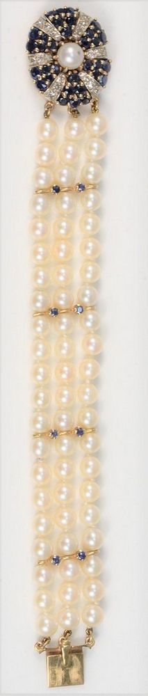 Appraisal: Pearl Three Strand Bracelet having large karat yellow gold oval