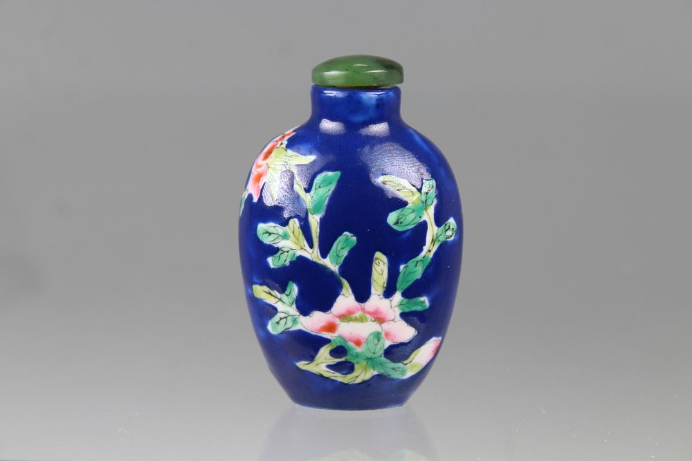 Appraisal: Signed Blue Ground Famille Porcelain Snuff Bottle Signed Blue Ground